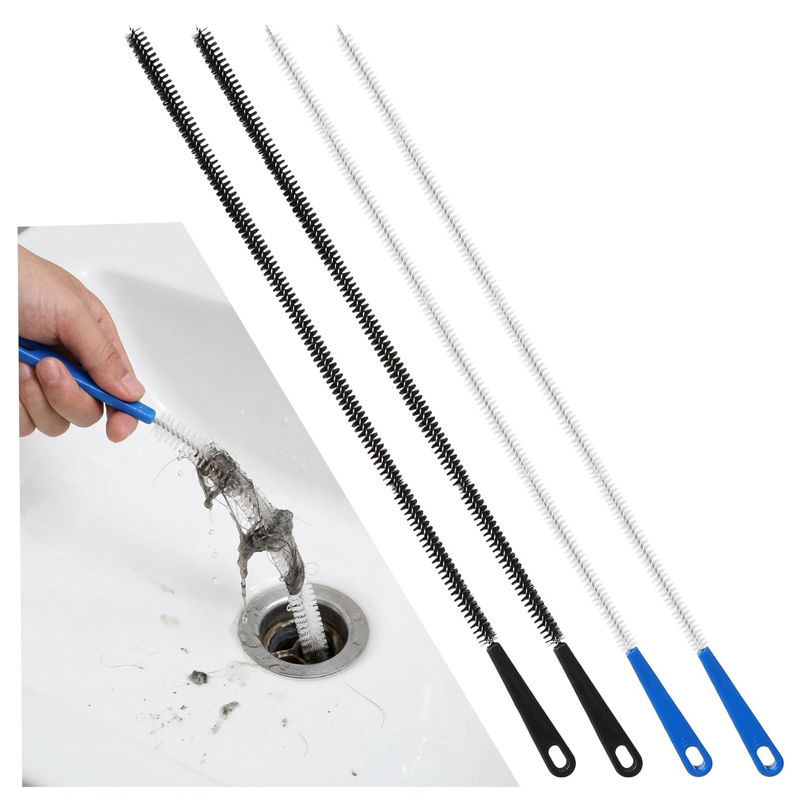 4Pcs Drain Hair Remover Tool, Flexible Long Pipe Cleaner Drain Brush, Long Drains Cleaning Brush for Hair Clogs, Kitchen Sink, Bathroom Tub, Shower