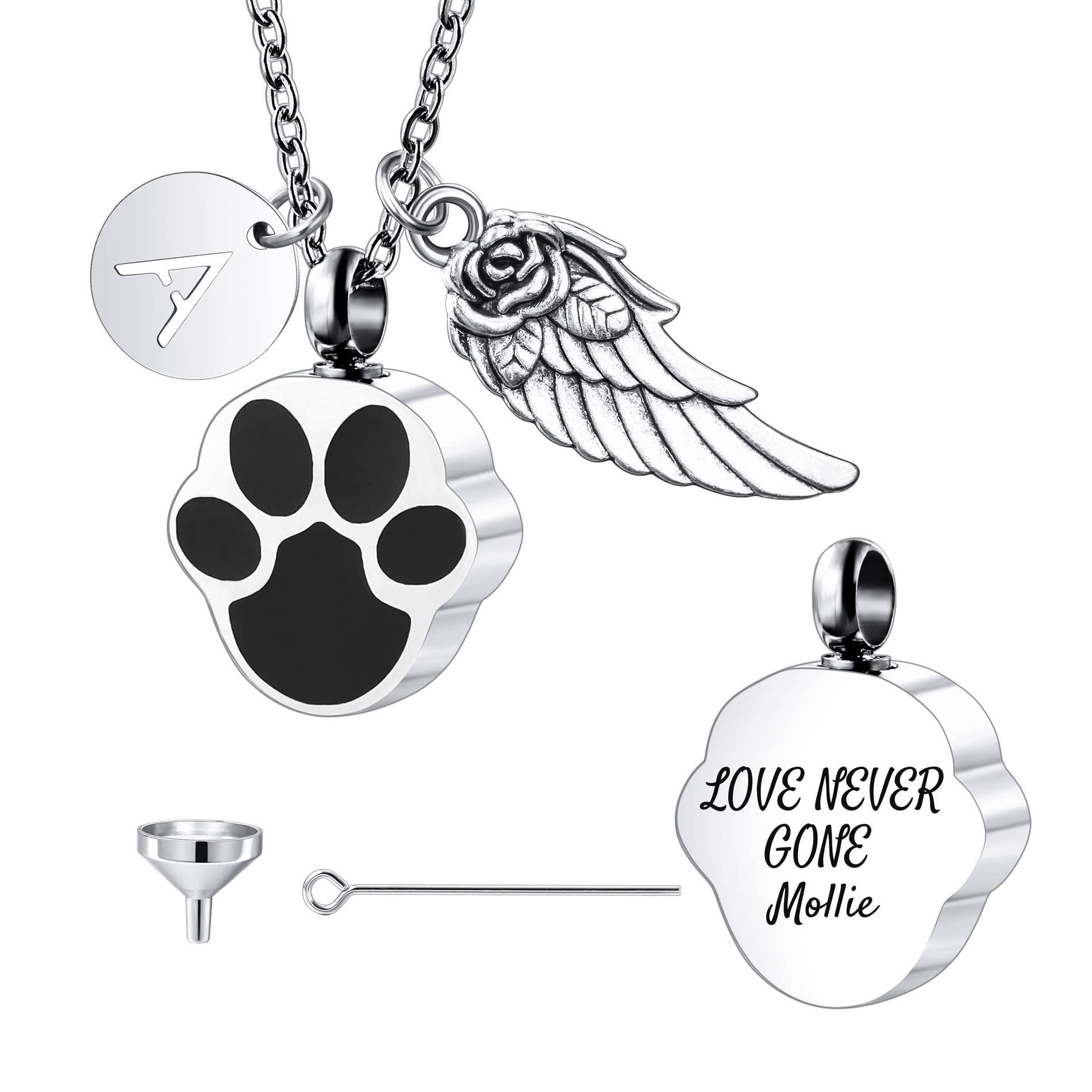 OTXIXTO Personalized Paw Print Ashes Urn Pendant Heart Angel Wings Necklace Engraved Dog Cat Name Photo Date for Women Men Stainless Steel Memorial Pet Keepsake with Key Ring