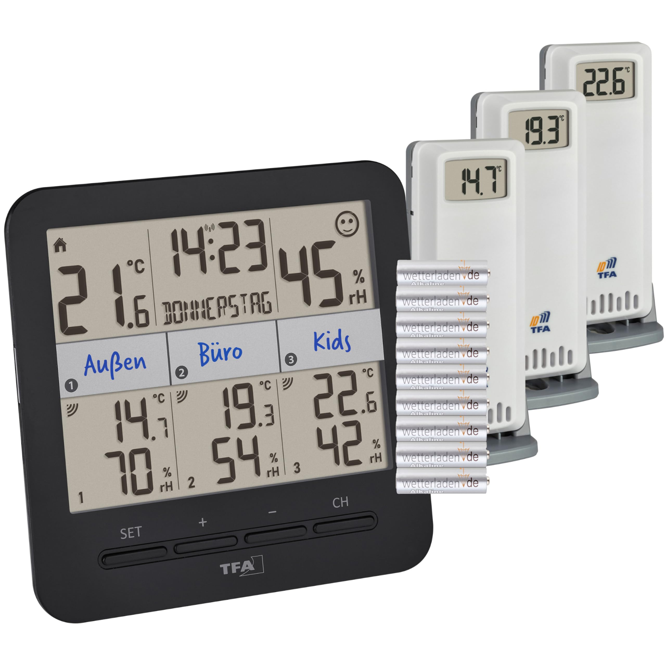 TFA Dostmann Thermo-Hygrometer mit 3 Sendern Klima@Home2, 30.3075.01, Temperatur/Luftfeuchtigkeit in Wohn- & Arbeitsbereichen, Taupunkt zur Schimmelvermeidung, Komfortzone, schwarz mit Batterien