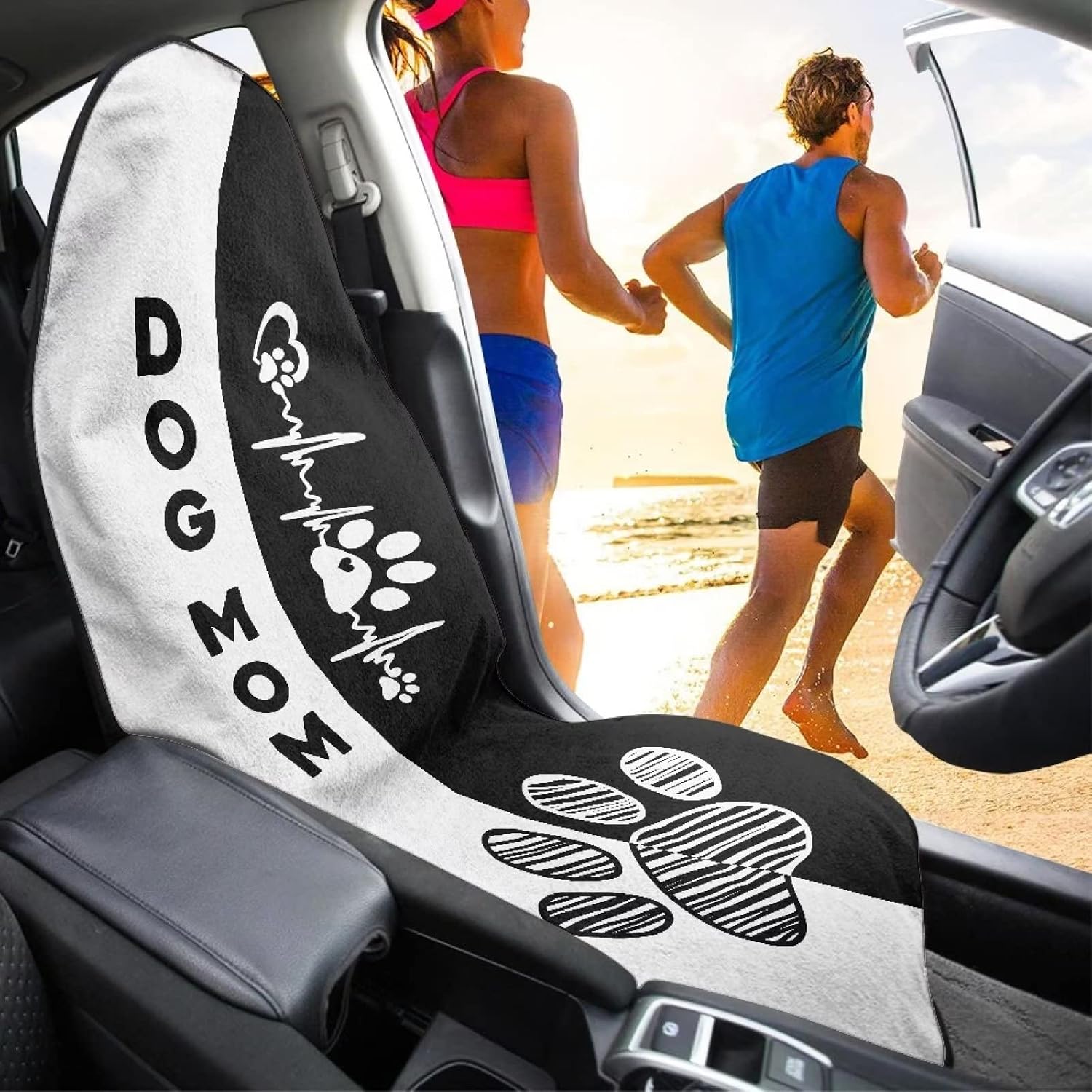 Dog Mom Paws Car Seat Cover Seat Hoody for Women Men Waterproof Cooling Bucket Towel Seat Covers Non Slip Comfortable Towel Car Seat Cover Portector, Black and White