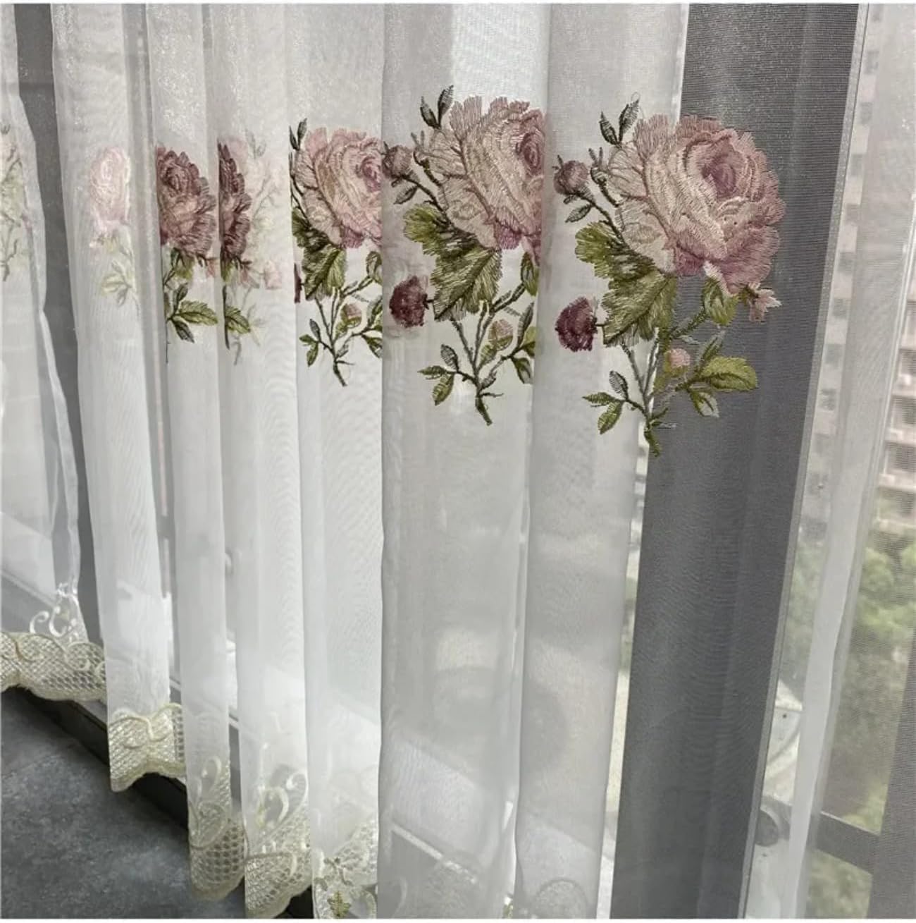 2Panels American Luxury Peony Embroidery Tulle Curtain For Living Room European Elegant Flower Embroidery Sheer Voile Drapes Bedroom Grommet top (WHITE, 40"W x 96"L (Pack of 2), Grommet top)