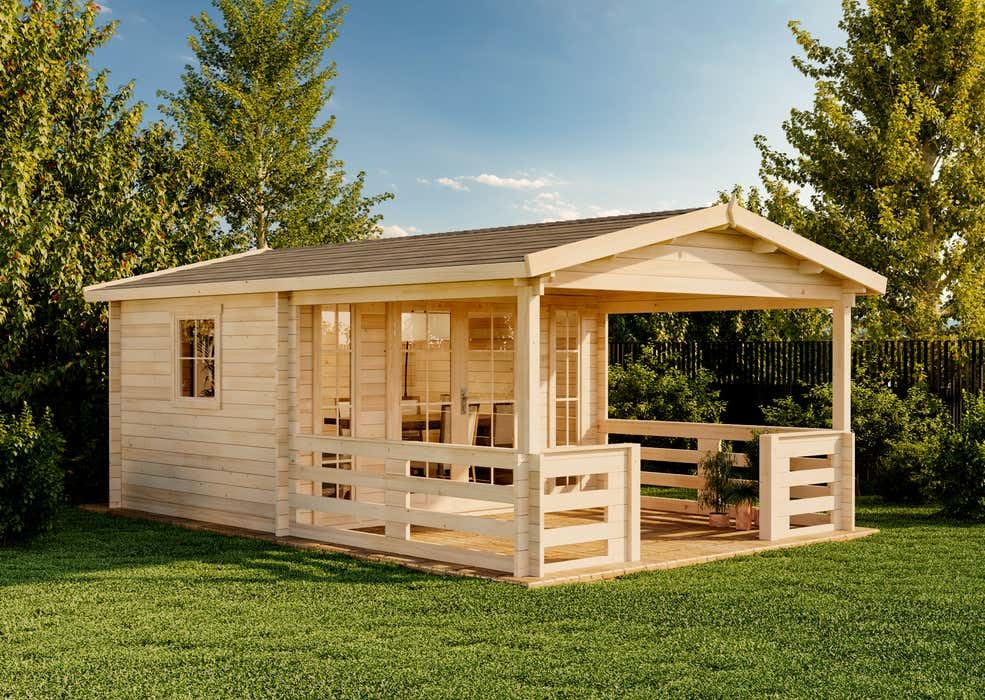 Alpholz Gartenhaus Lappland-40 B Gartenhaus aus Holz in Naturbelassen, Holzhaus mit 40 mm Wandstärke inklusive Terrasse, Blockbohlenhaus mit Montagematerial