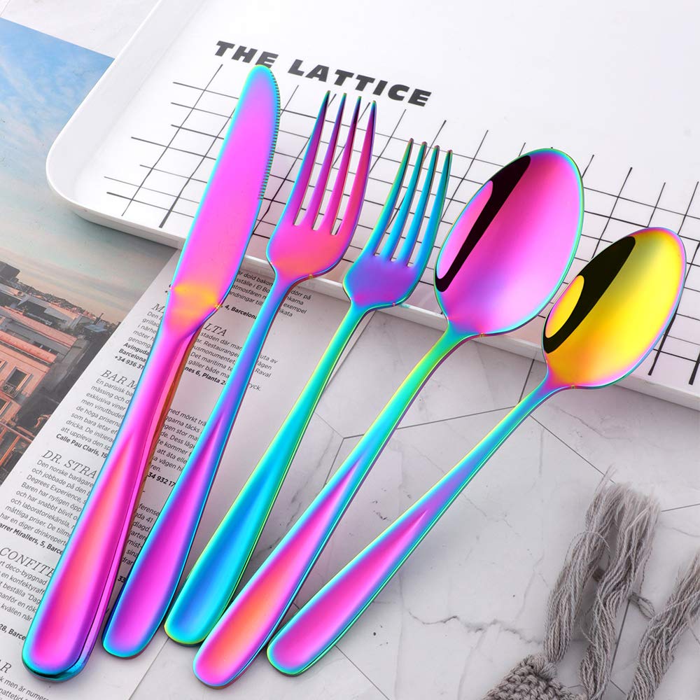 YDware 20-teiliges Besteck-Set, Besteck-Set, Regenbogenfarben, Edelstahl, Besteck, Gabeln, Löffel, Messer, Set für 4 Personen, hochglanzpoliert und spülmaschinenfest