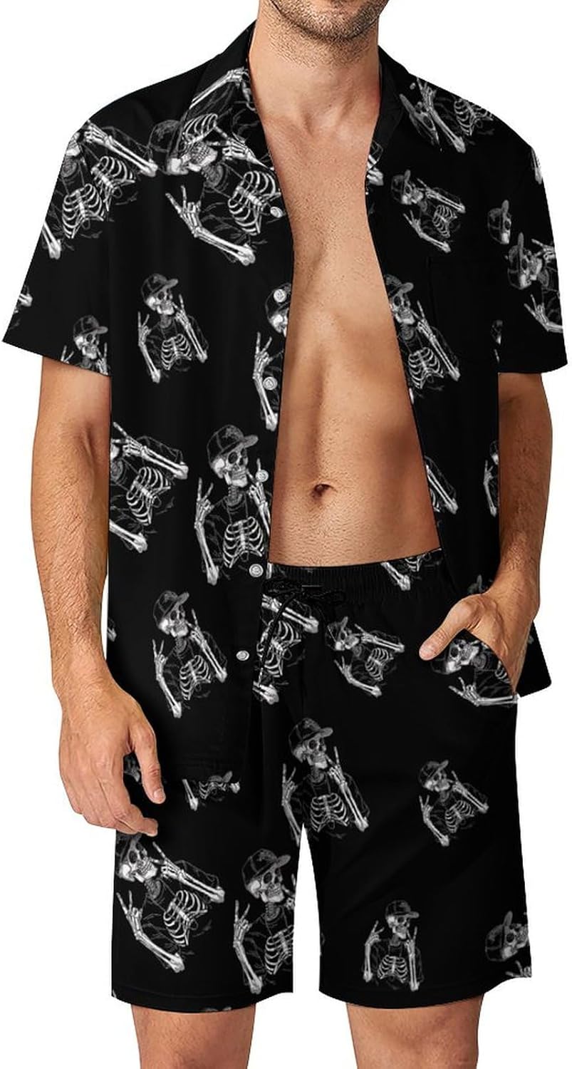 Funny Skull Skeleton Men's Summer Beach Outfits Shirt And Shorts Set 2 Piece Vacation Swimwear