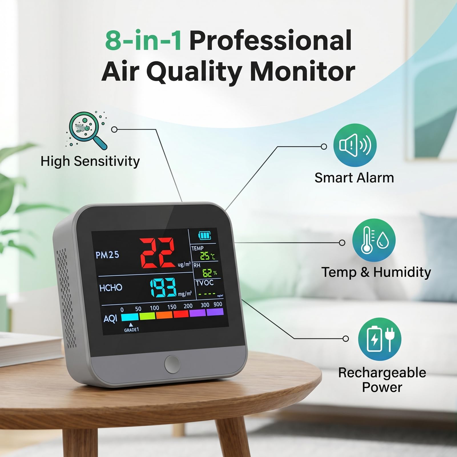 Fafeicy Luftqualitätsmonitor Tragbarer Lufttester für Zuhause, Grau