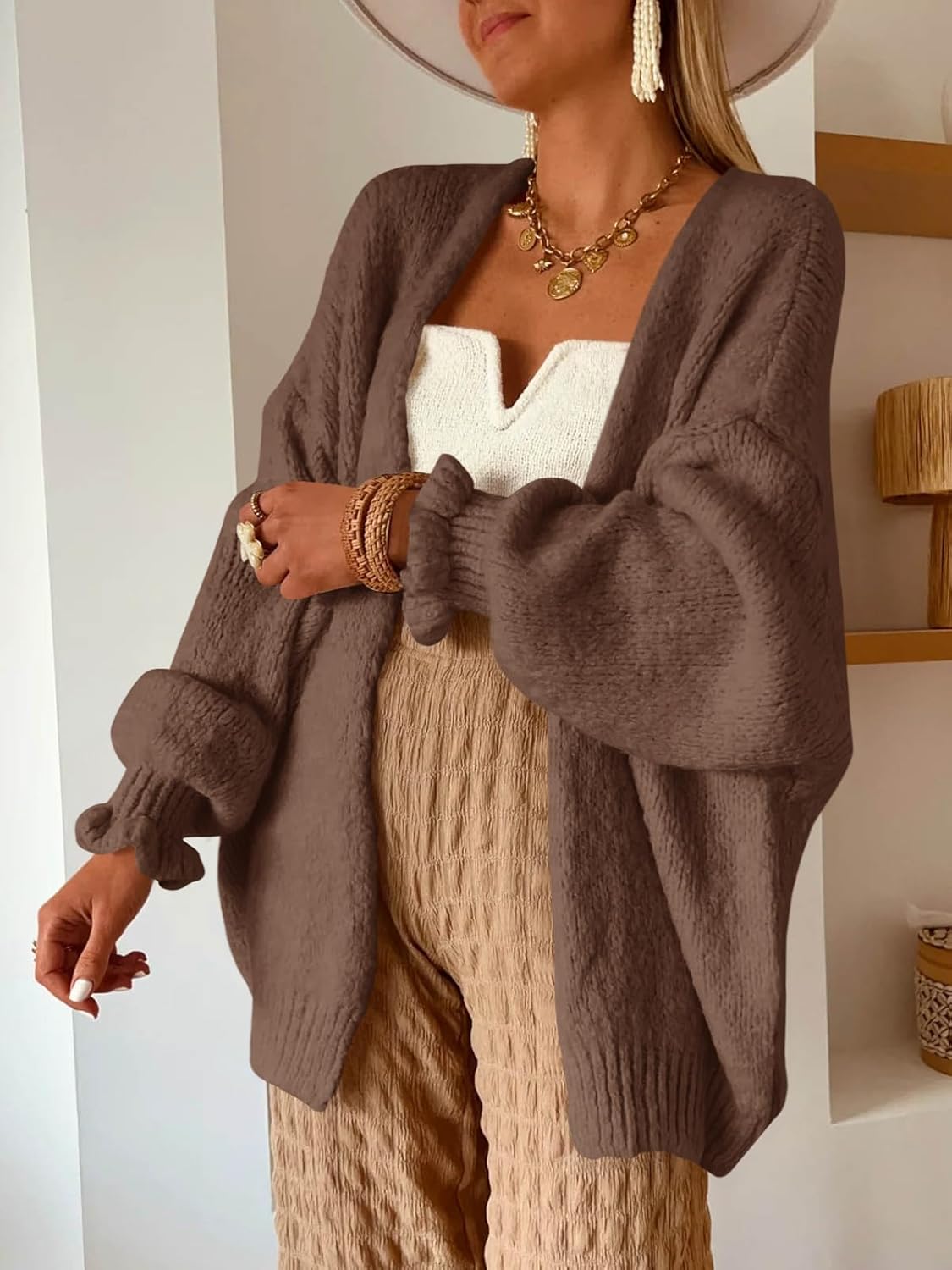 Saodimallsu Womens Oversized Open Front Cardigan Fall Ruffle Lantern Long Sleeve Chunky Knit Loose Sweater Coats - Image 3