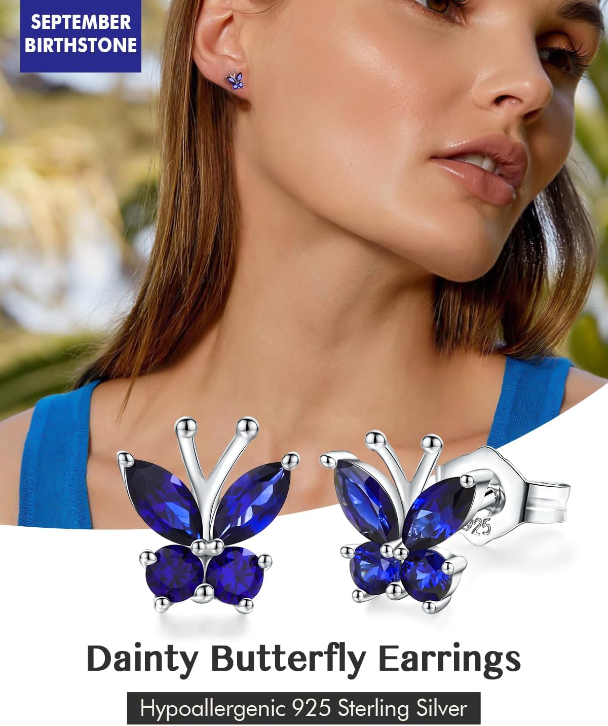 DAYBYDAY Butterfly Earrings 925 Sterling Silver Birthstone Earrings, Dainty Small Butterfly Stud Earrings for Women Birthstone Jewelry - Image 2