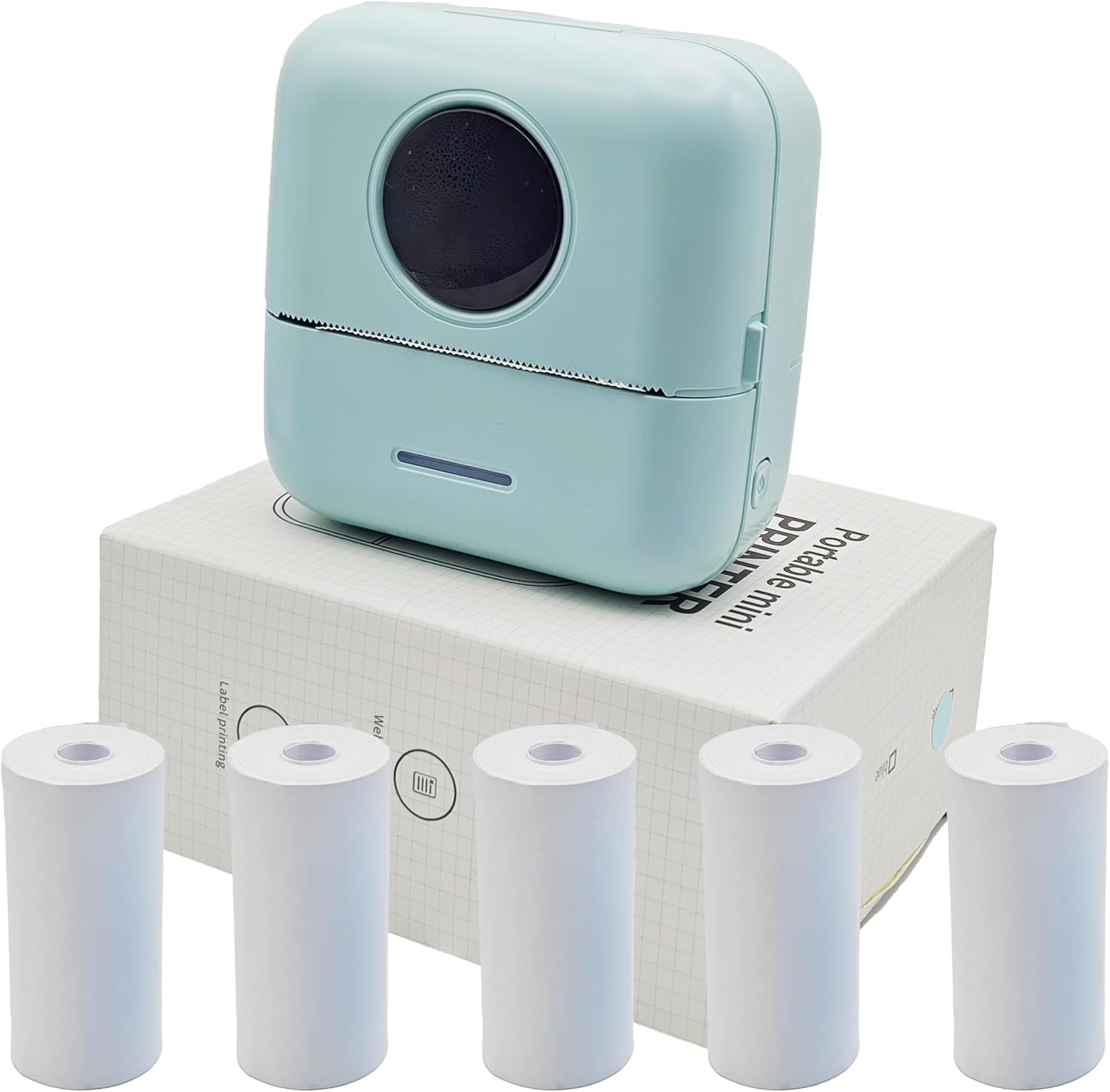 Mini Portable Small Printer Paper Sticker Machine Mini Sticker Printer Study for Pictures Photos Compatible with Android and iOS Bluetooth with 5 Rolls Green