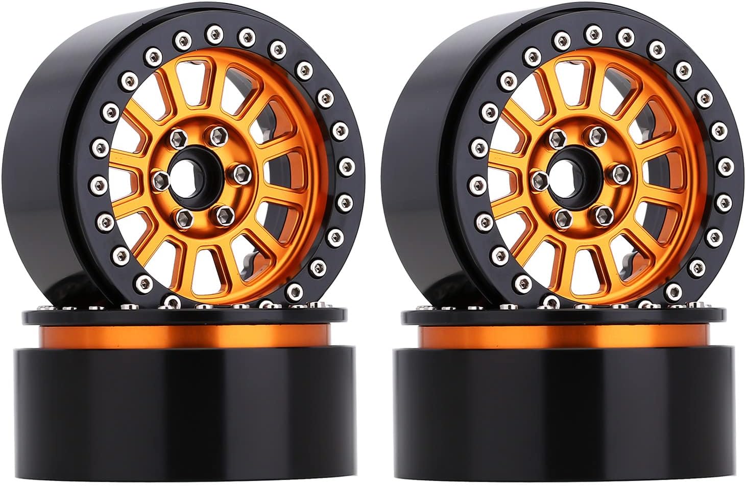 Que-T 4-Piece RC Beadlock Wheel Rims – 2.2 Alloy Metal Wheels For 1/10 Axial Wraith, TRX4, SCX10 (Black & Silver)
