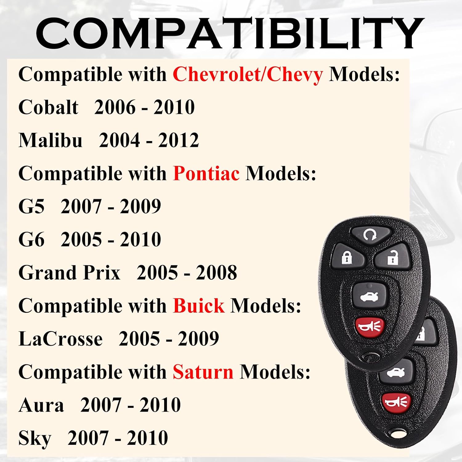 SUPALAND Remote Key Fob Replacement Fits for Chevy Malibu 2004 2005 2006 2007 2008 2009 2010 2012 Cobalt Pontiac G5 G6 Grand Prix Buick Lacrosse Saturn Aura Sky Keyless Entry Remote Control KOBGT04A