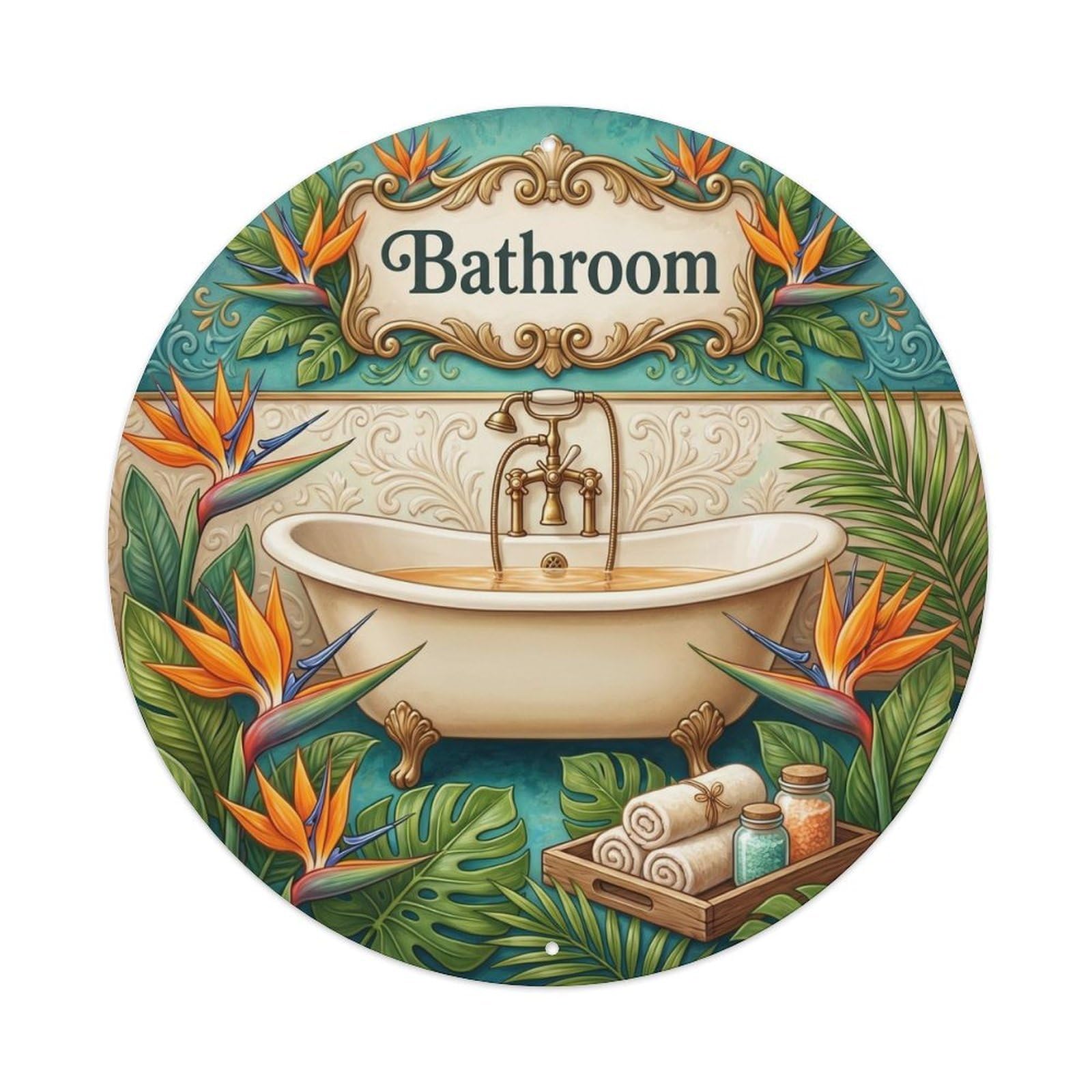 Yrnq Vintage Style Bathroom Bird Paradise Bathroom Decor Vintage Metal Tin Sign Plaque Wall Decor For Cafe, Club, Garden Round Metal Poster 8X8inch