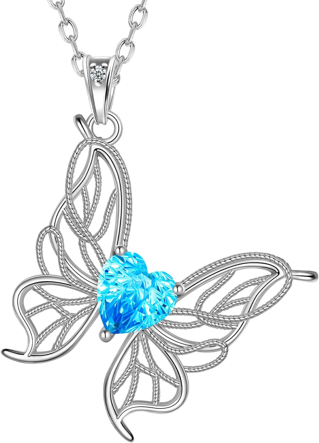 Filigree Butterfly Birthstone Pendant Necklace - 925 Sterling Silver Firework-Cut Heart Cubic Zirconia Twine Butterfly Necklace Anniversary Birthday Jewelry Gift for Women Wife Mom Daughter