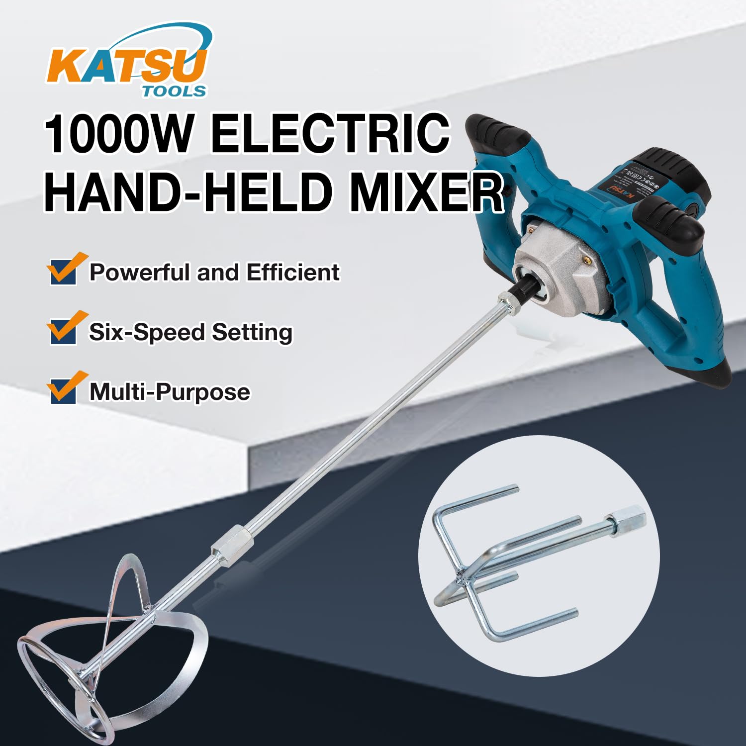 KATSU Tools Miscelatore elettrico a pale 1000 W, macchina per la miscelazione di malta e cemento portatile, 6 velocità variabili, agitatore extra, per intonaco, vernice, calcestruzzo