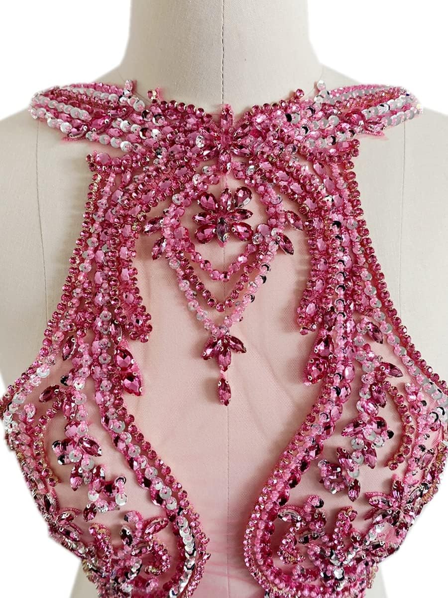 Handmade Rhinestones lace Applique handsewing Beads Trim Patches Dress Front Accessories (Pink)