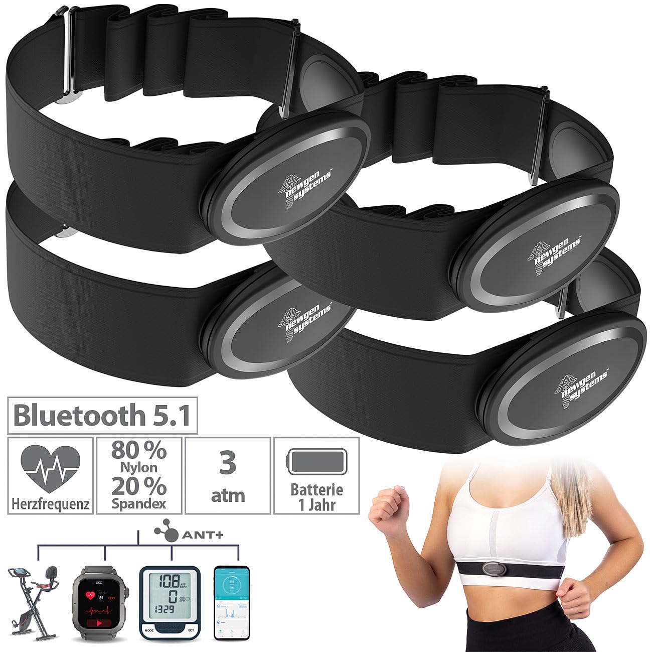Newgen Medicals Pulsmessergurt: 4er Smarter Brustgurt mit Herzfrequenz-Sensor, ANT+ und Bluetooth (Herzfrequenzsensor, Bluetooth, Herzfrequenzmesser-Brustband)