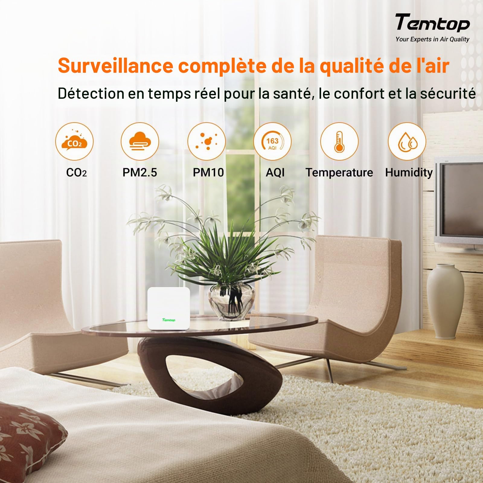 Temtop Moniteur de Qualité de l'air P2 - Mesure Précise des PM2,5 PM10 CO2 Température et Humidité pour Maison Bureau, Avec Affichage AQI et Application Bluetooth