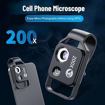 Pocketphone Microscope, 200x Zoom Clip-on Microscope Magnifier CPL Lens with LED Light, Portable Microscope Lens for iPhone, Samsung, Huawei, Google Black
