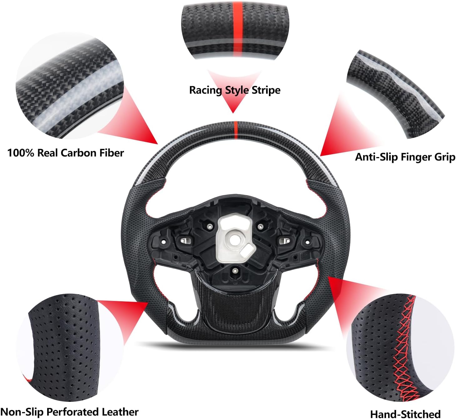 Real Carbon Fiber Steering Wheel With Matching Trim Bezel for Toyota GR Supra A90 MK5 2020-2026, Red Stitching Perforated Nappa Leather D-Shape Flat Bottom Sport Grip Replacement
