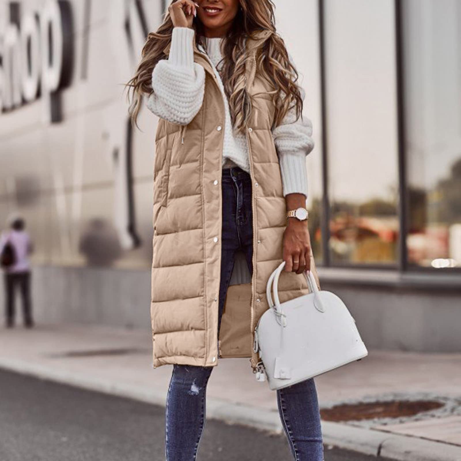 Chaleco acolchado largo de invierno para mujer, con capucha, sin mangas, cálido, resistente al viento, con bolsillos, chaqueta acolchada, monocolor, deportiva, de entretiempo, S - 5XL