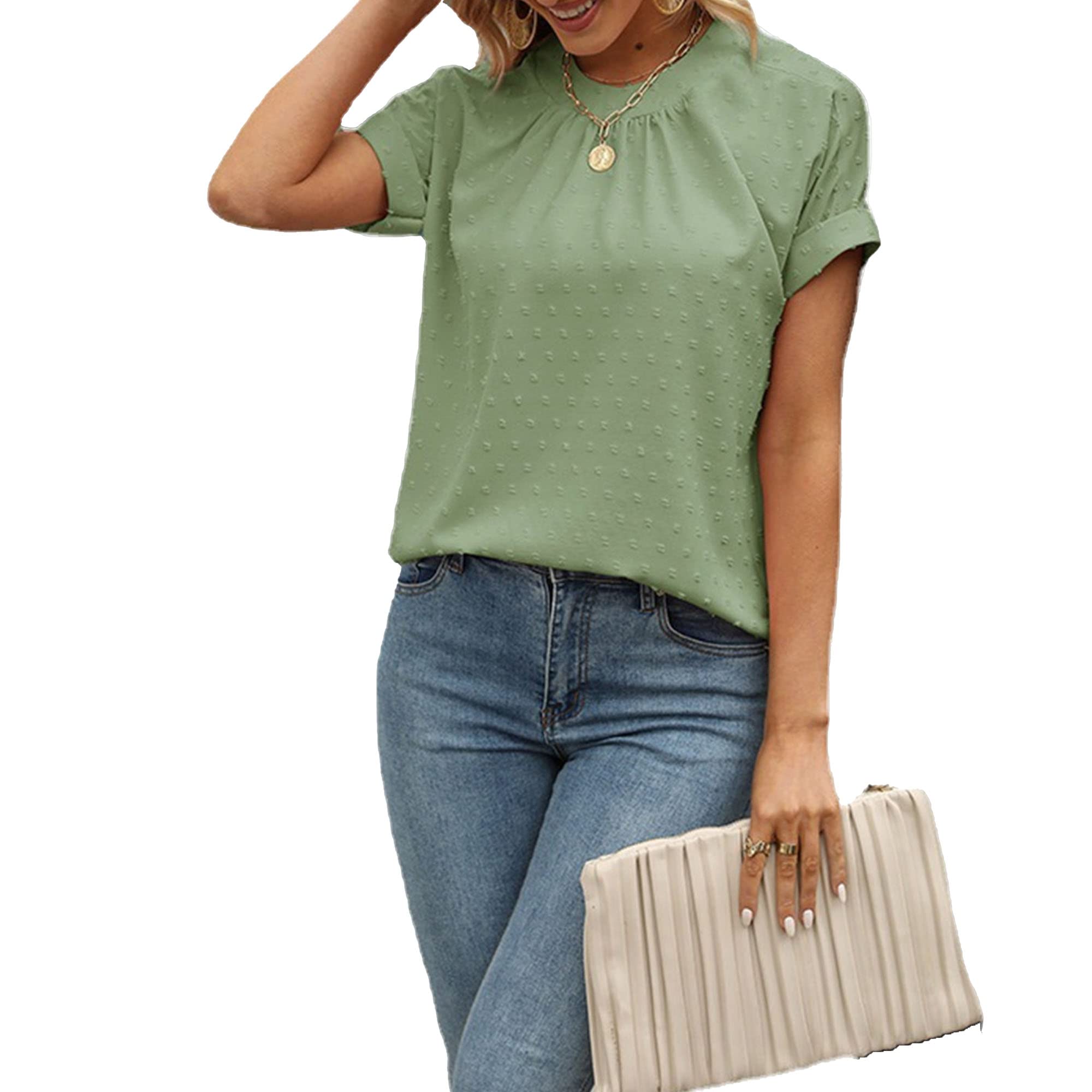 Women's Casual Swiss Dots Blouse Top Chiffon Ruffle Front Short Sleeve Work Office Loose Shirts Tops (XX-Large,Army Green 2)