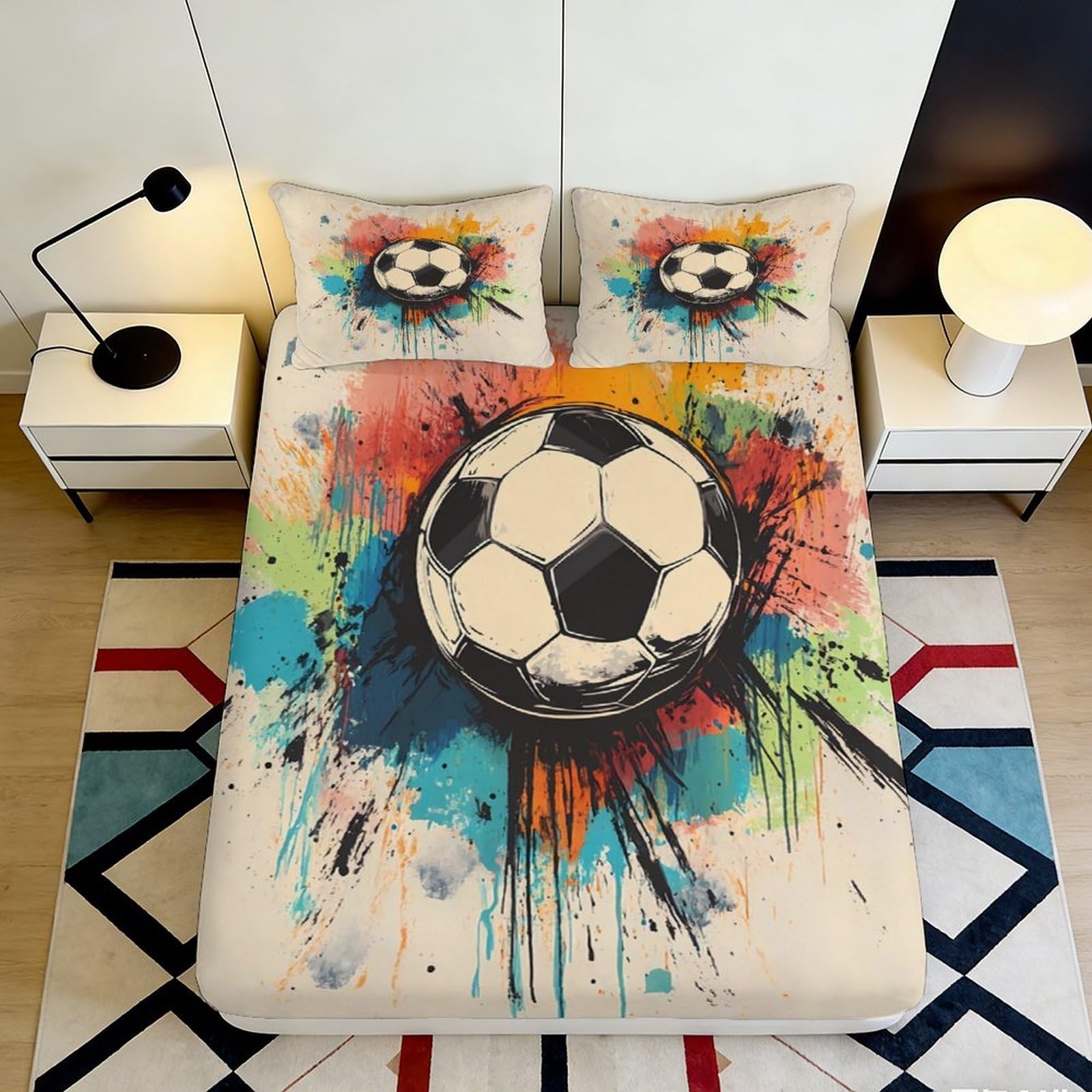 3D Printed Graffiti Soccer Fitted Sheet Microfiber Soft Colourful Football Mattress Cover for Bedroom Guest Room Decor 90x200x25cm