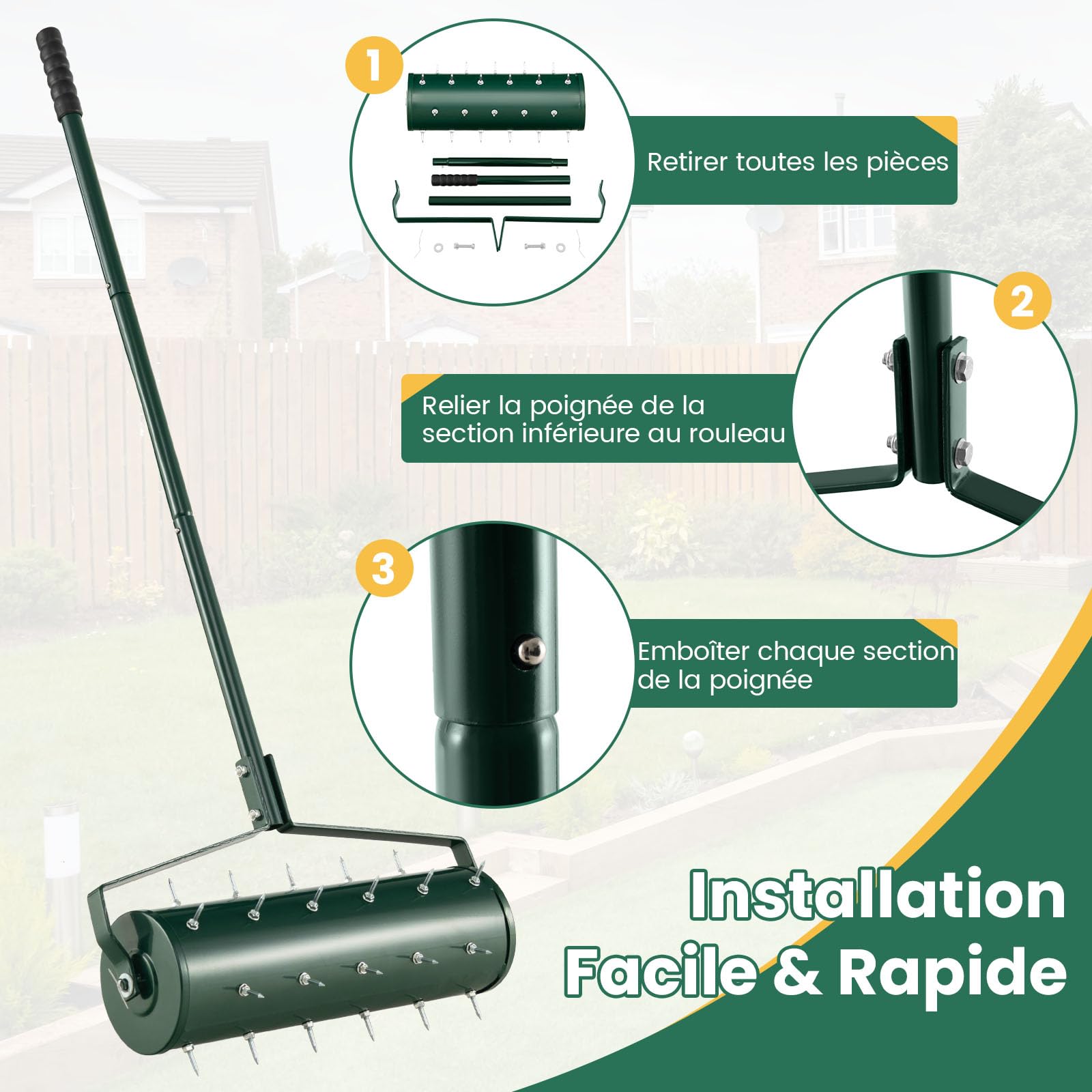 RELAX4LIFE Scarificateur Gazon Manuel 53CM avec Poignée &Rouleau à Pointes Rotatives, Rouleau Aérateur Gazon de Pelouse en Métal pour Jardin Cour Patio (6.8L | 53x130CM, Vert)