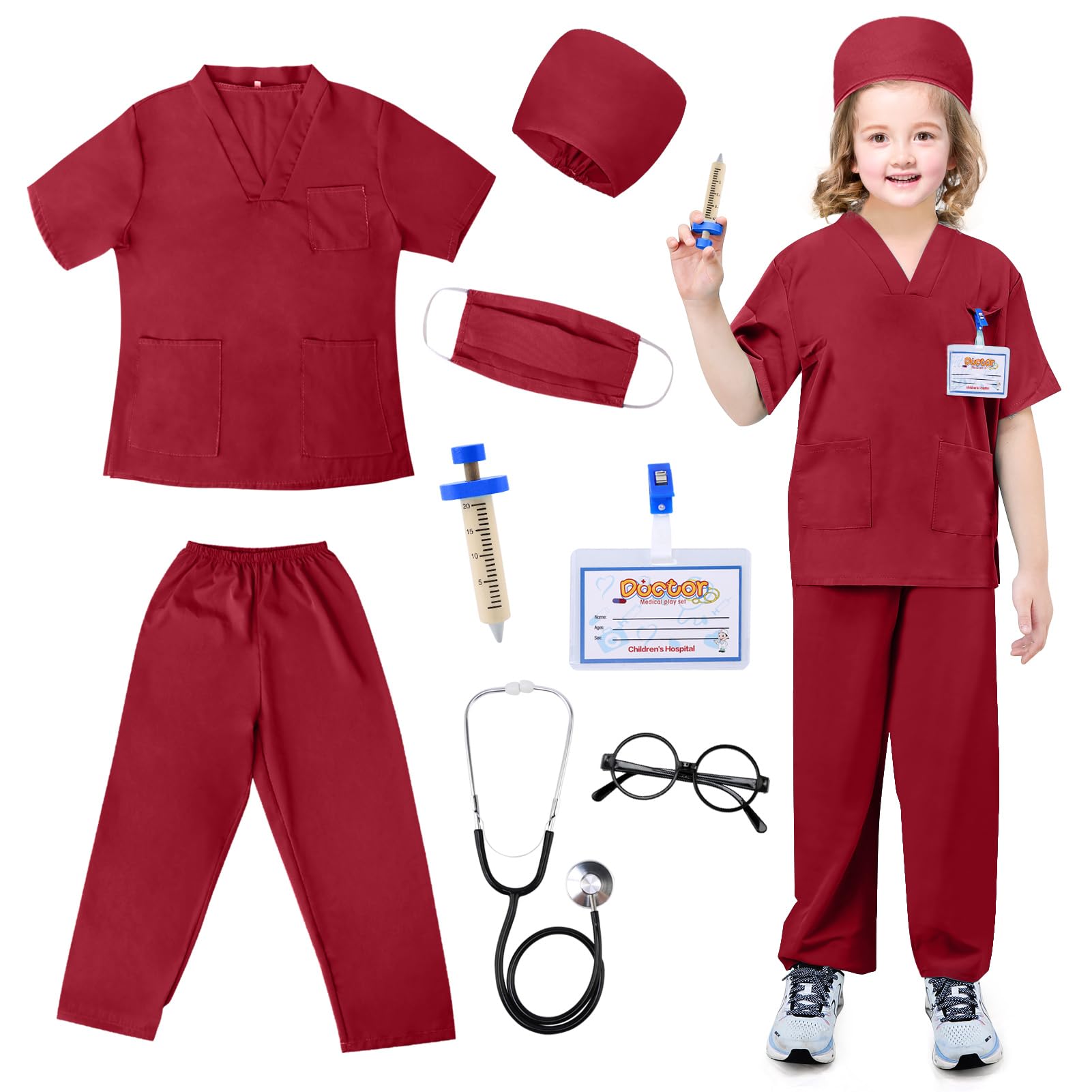LEADSTAR Kids Doctor Costume,Nurse Costume Kids Toys for Girls Doctor Nurse Dress Up Halloween Cosplay,Toddlers Doctors Outfit Set with Accessories Child Role Play Outfit (Red, L)