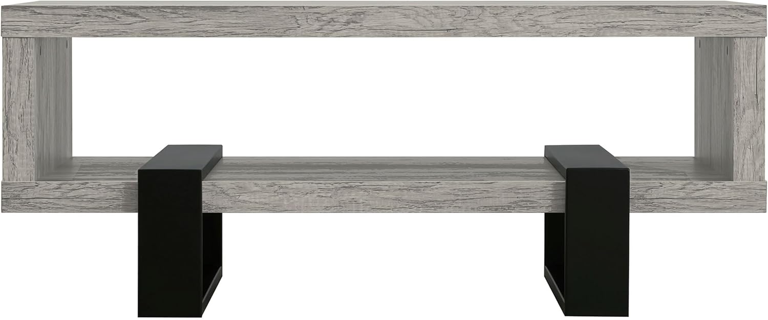 BOWERY HILL Modern Rectangular Coffee Table, Solid Wood Top, Gray Driftwood Finish, Black Metal Base, 47.25 in Wide, 19.25 in High, Sleek Durable Living Room Table for Everyday Use