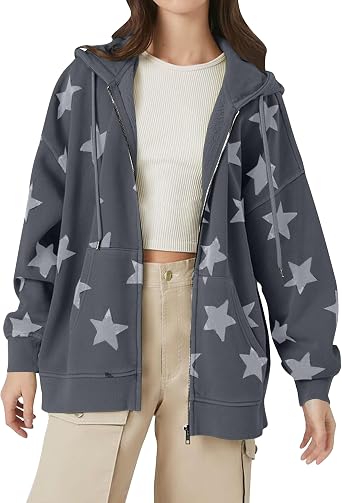 MISSACTIVER Women Star Graphic Zip Up Hoodies Y2k Drawstring Star Print Sweatshirt Oversized Jackets with Slant Front Pocket Grey