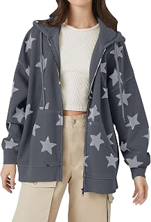 MISSACTIVER Women Star Graphic Zip Up Hoodies Y2k Drawstring Star Print Sweatshirt Oversized Jackets with Slant Front Pocket Grey