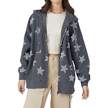MISSACTIVER Women Star Graphic Zip Up Hoodies Y2k Drawstring Star Print Sweatshirt Oversized Jackets with Slant Front Pocket Grey
