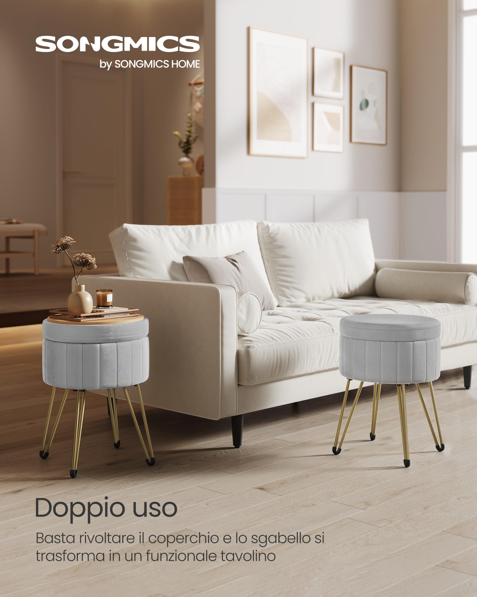 SONGMICS Sgabello Pouf Contenitore, Cassapanca Rotonda, Sgabello Toeletta in Velluto, 39 x 44,4 cm (Diam. x A), 4 Gambe in Metallo, Soggiorno Camera da Letto, Grigio Tortora LOM003G02