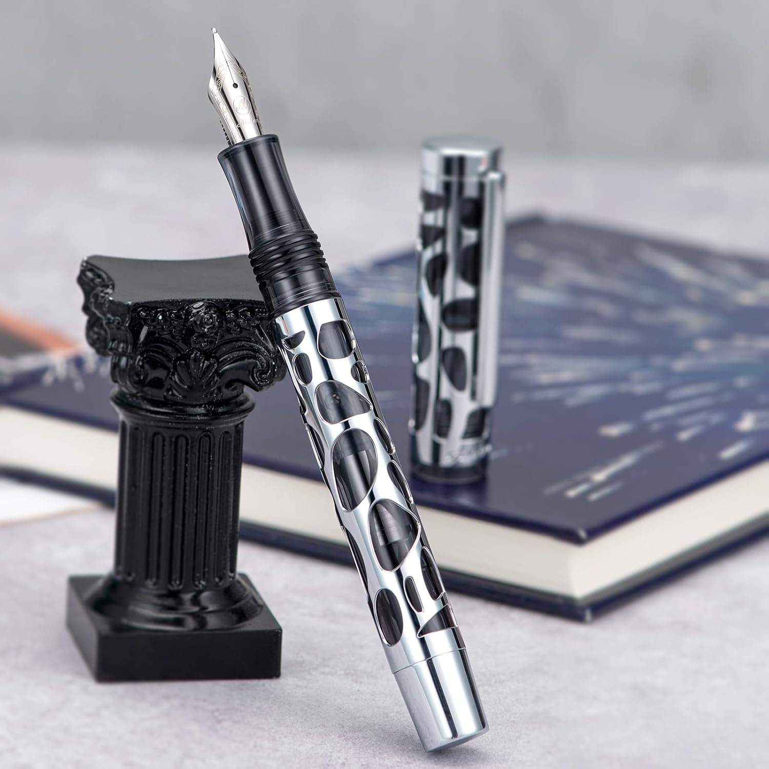 Asvine M169 Fountain Pen Medium Nib, Eye Dropper and Converter Filling, Transparent Black Acrylic Skeleton Pen