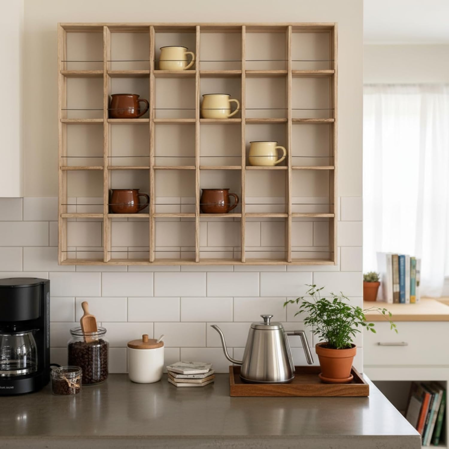 Kigley Oversize Coffee Mug Display Rack Wooden Shelves Rustic Shot Glass Display Case Travel Mug Shelf Wall Mounted Rack Holder Shadow Box(5 x 6,Brown)