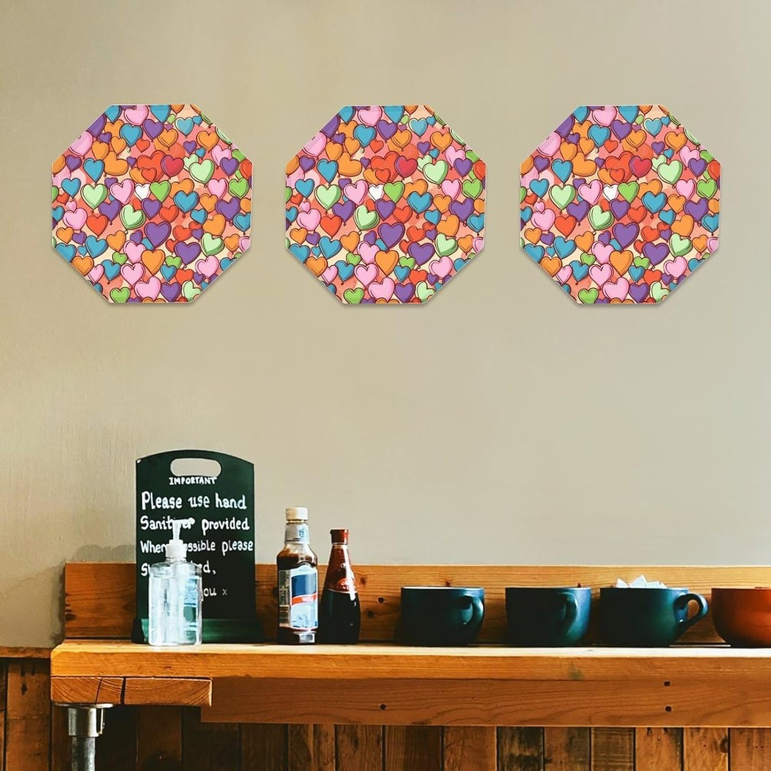 Ctagon Metal Sign for Home, Modern Display Plate for Kitchen, Colorful Heart Pattern Plates Accent Hanging Wall Decorations 3PCS for Living Room, Bedroom, Hallway, Hotel