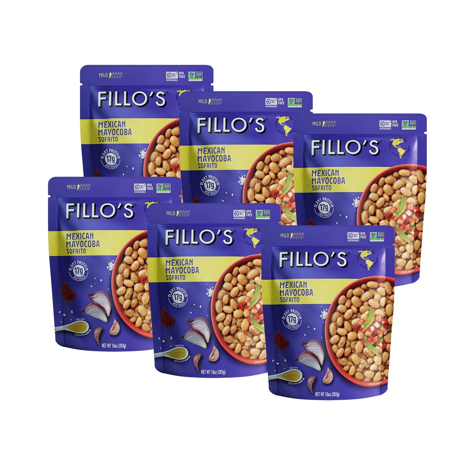 Fillo'sMexican Mayocoba Beans, Ready to Eat Sofrito Beans, 10 oz Pk of 6, Seasoned with Fresh Vegetables, Gluten-Free, Preservative-Free, Microwavable, Non-GMO, Vegan Friendly, Plant Protein