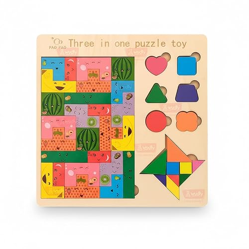 Wudly 3 in 1 Wooden Puzzle Toy for Kids | Shape Sorter Tangram & Block Puzzle Board | Montessori Educational Wooden Toy | Brain Development Learning Game for Boys & Girls (3+ Years)