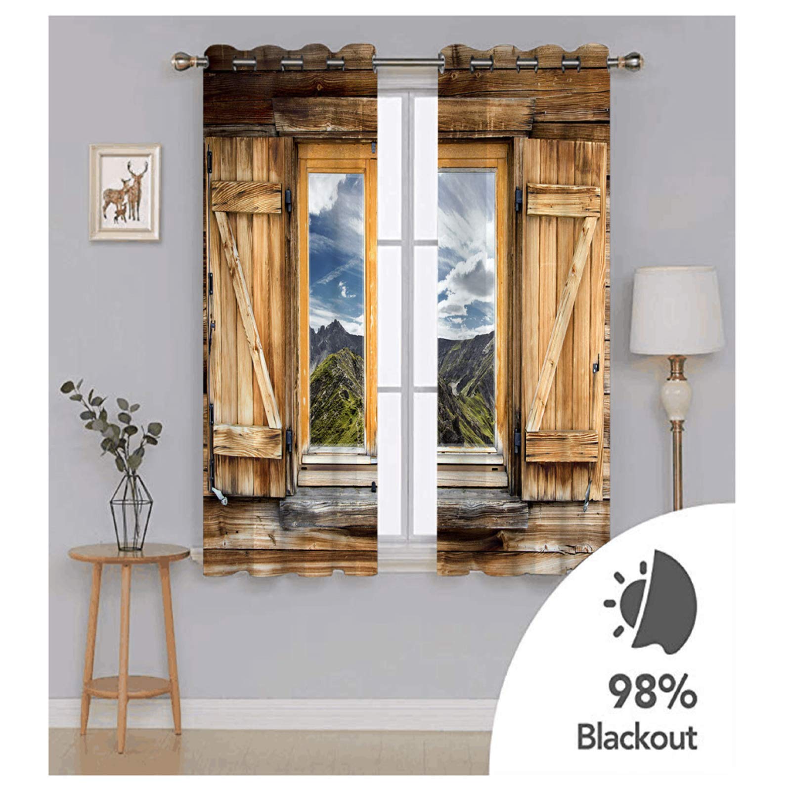 Cortinas Habitacion Juvenil Opacas 2 Piezas 3D Ventana De Madera Paisaje Alpino Patrón Cortinas Salon Dormitorio Modernas para Ventanas Decoración para Hogar 264X240Cm Termicas Aislantes con