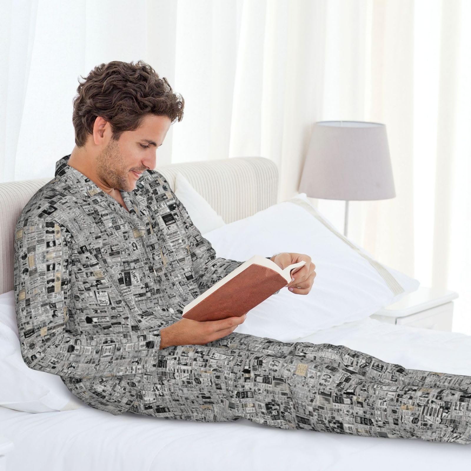 Conjunto de pijama para hombre con estampado de periódico HD, pijama suave de manga larga con botones y bolsillos