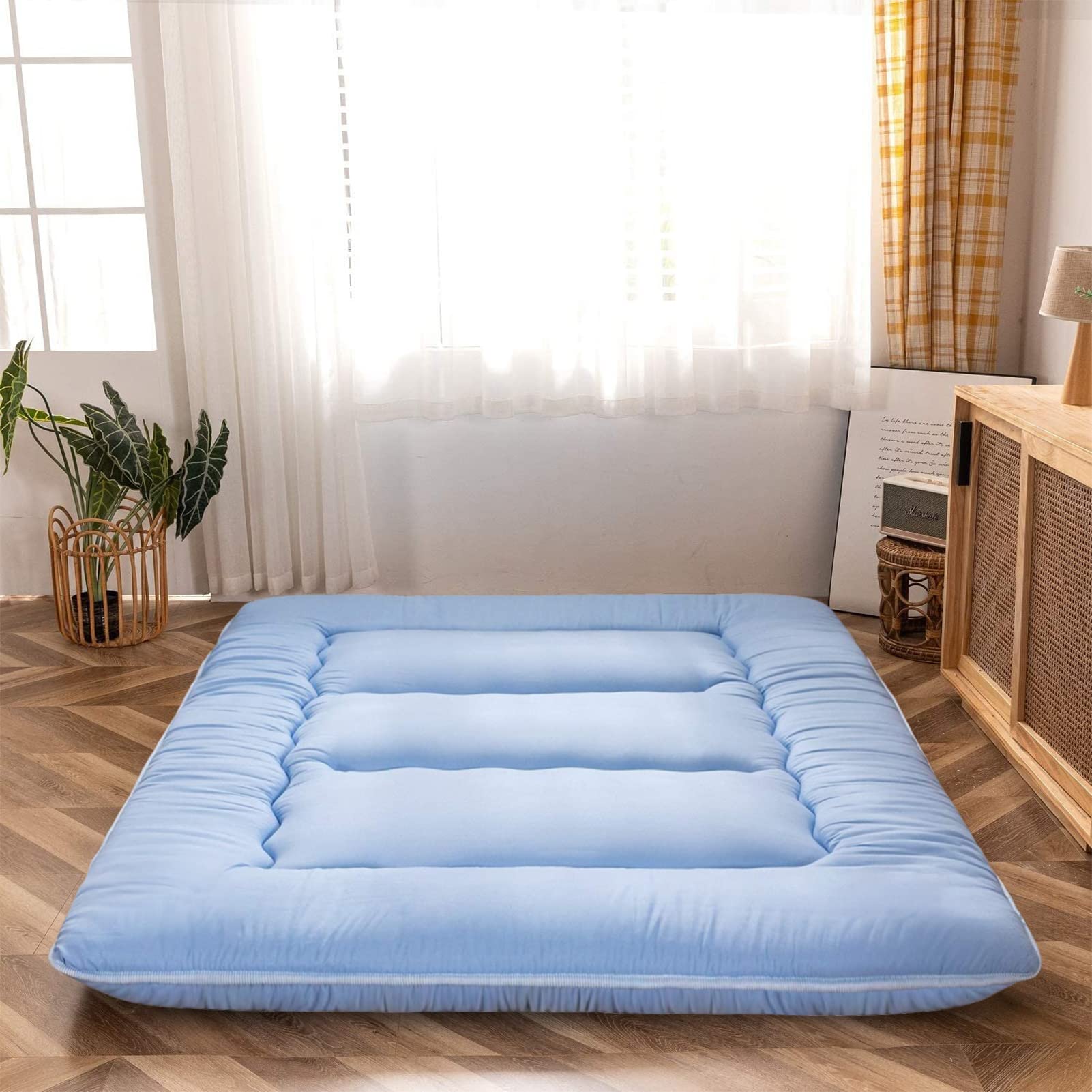 MAXYOYO Japanese Floor Futon Mattress, Thicken Sleeping Pad, Roll Up Foldable Floor Lounger Bed for Boys Girls Dormitory, Dusty Blue, Twin Size