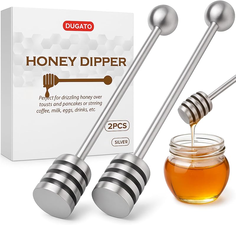 Honey Dipper, 6.3 in 304 Stainless Steel Syrup Server Stick, 2-Pack | Spiral Honey Dipper Design, Honeycomb Stick for Honey Jar, Syrup Drizzler, Tea Server, Dishwasher Safe Gift Pair