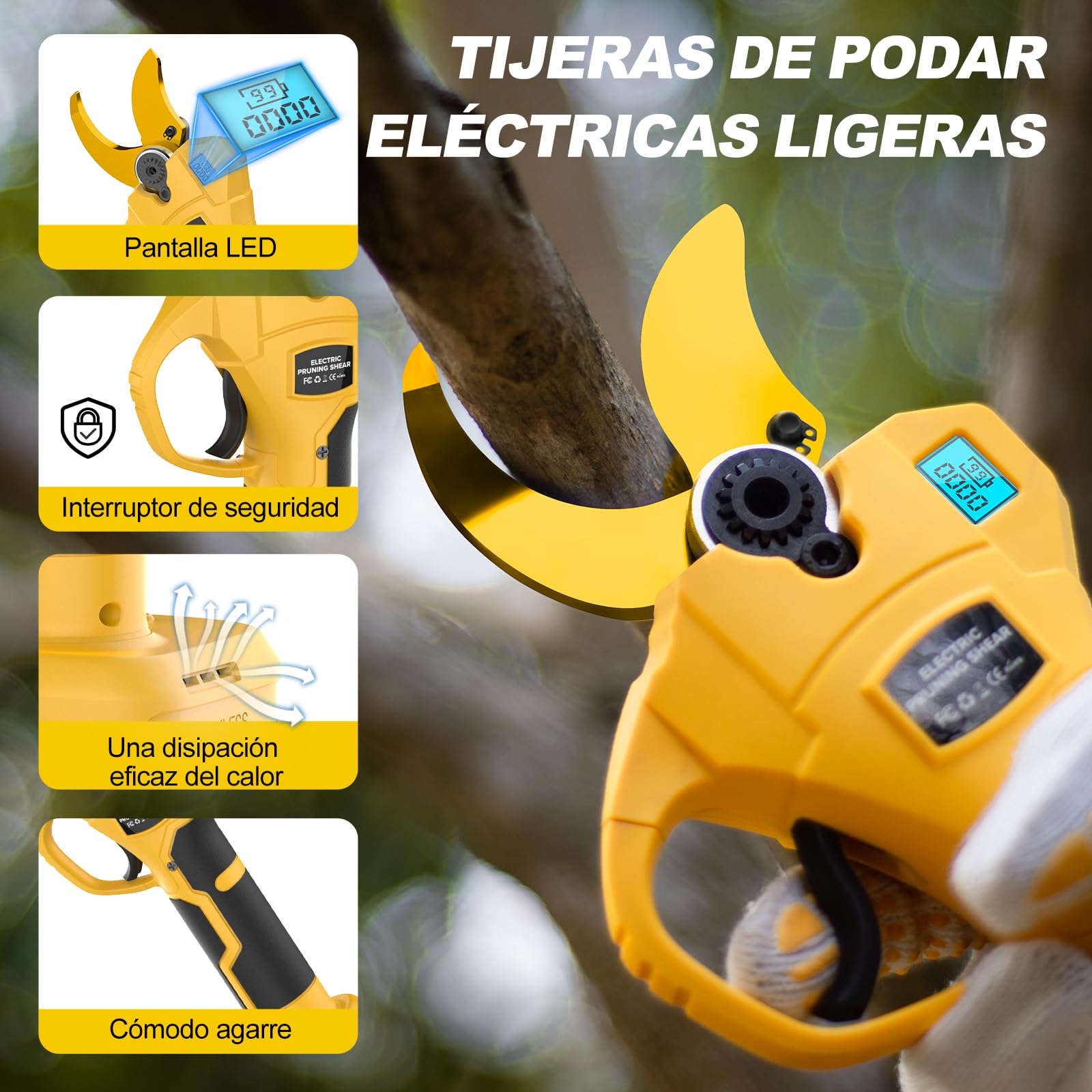 Tijeras de Podar Electricas, Apertura Máxima de La Hoja 50 mm, 4000mAh Batería Sharp Sk7, 2 Tamaños de Apertura con Monitor, Tijeras de Podar con Motor Brushless para Jardinería,Árboles Frutales