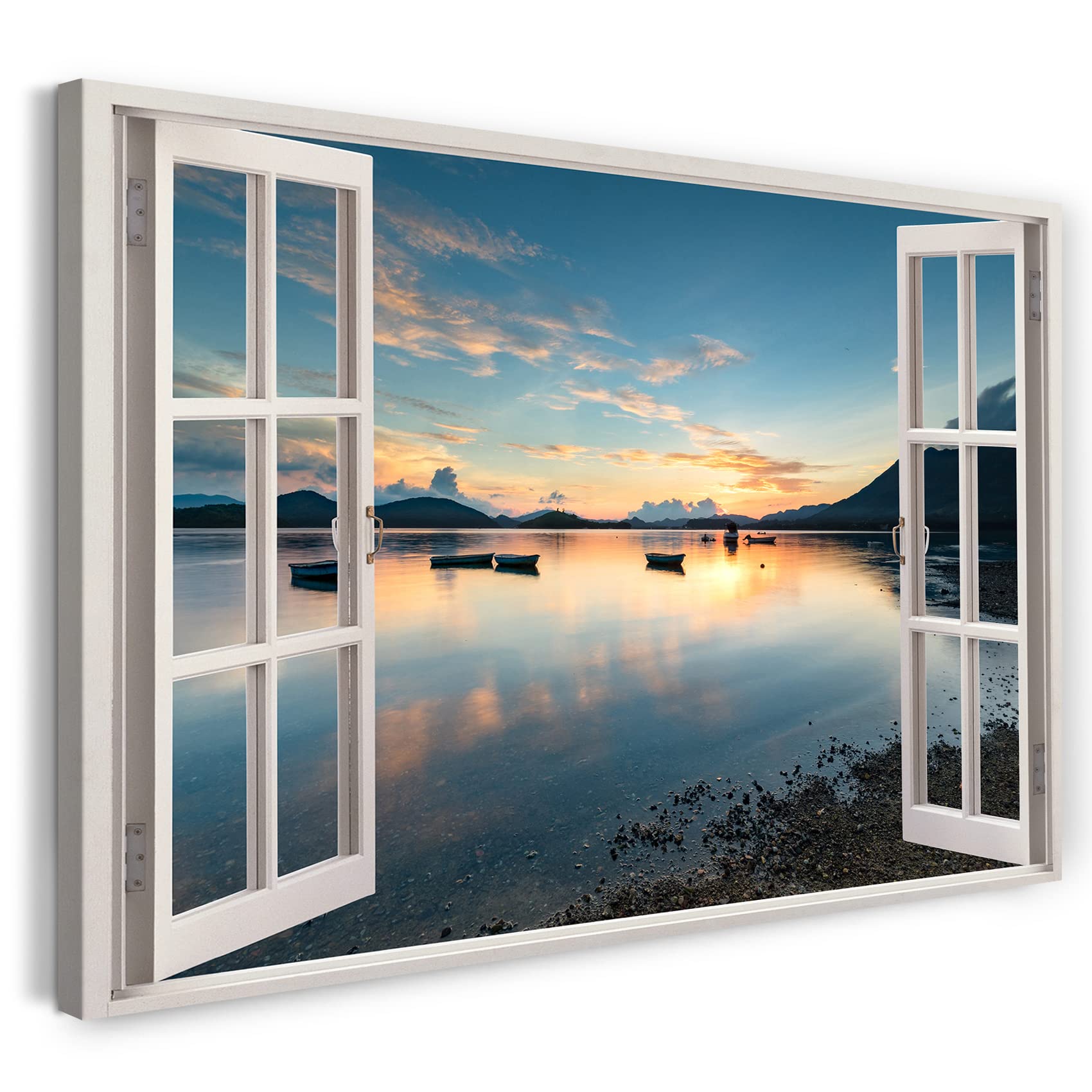Print on Canvas (80x60 cm) view from the window - sea landscape nature sunset boat - nature photography, real wood frame with hook