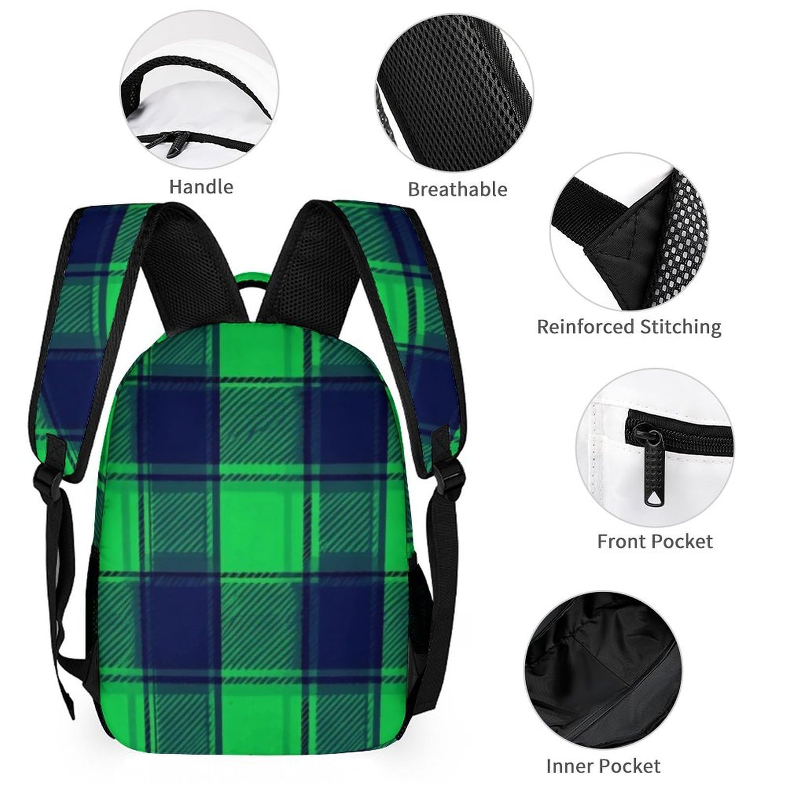 Mochila con bolsa de almacenamiento para lonchera, estampado escocés a cuadros negros y verdes (2), juego de mochila y neceser