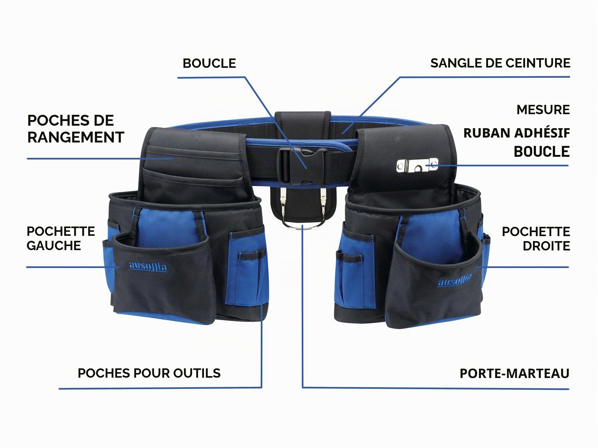 AUSONIA - 48267 CEINTURES PORTE-OUTILS DOUBLE SAC DE CHARPENTIER EN TISSU RENFORCÉ AVEC UNE CEINTURE PROFESSIONNELLE