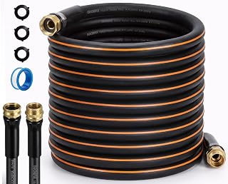Garden Hose, 25ft 5/8" Heavy Duty Rubber Water Hose, 550 PSI Burst, 360° Anti-Kink Swivel Connectors, All-Weather Flexible, Leakproof 3/4" Brass Male to Female Fittings - Amazon product rated Grade A