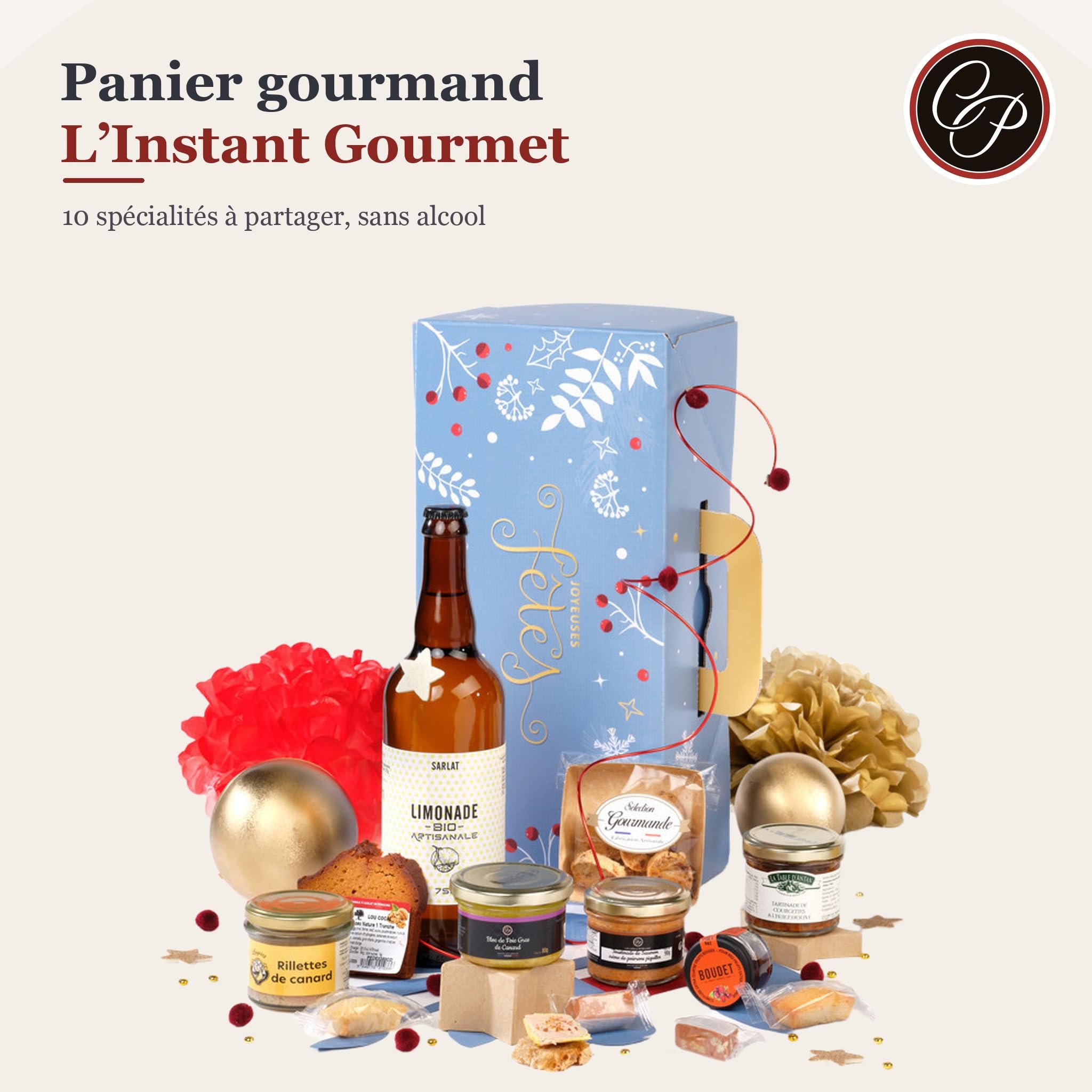 Cellier du Périgord Panier Gourmand L'Instant Gourmet | Coffret 10 spécialités sans alcool du Périgord : foie gras de canard, toastinades, douceurs et pur jus de pomme