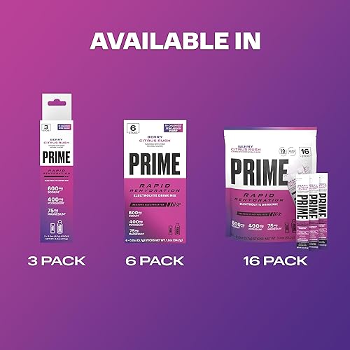 Miniatura 9 de Prime Rapid Rehydration Electrolyte Powder Sticks, Berry Citrus Rush, mezcla de bebida de hidratación sin azúcar con sodio, potasio y vitaminas B,