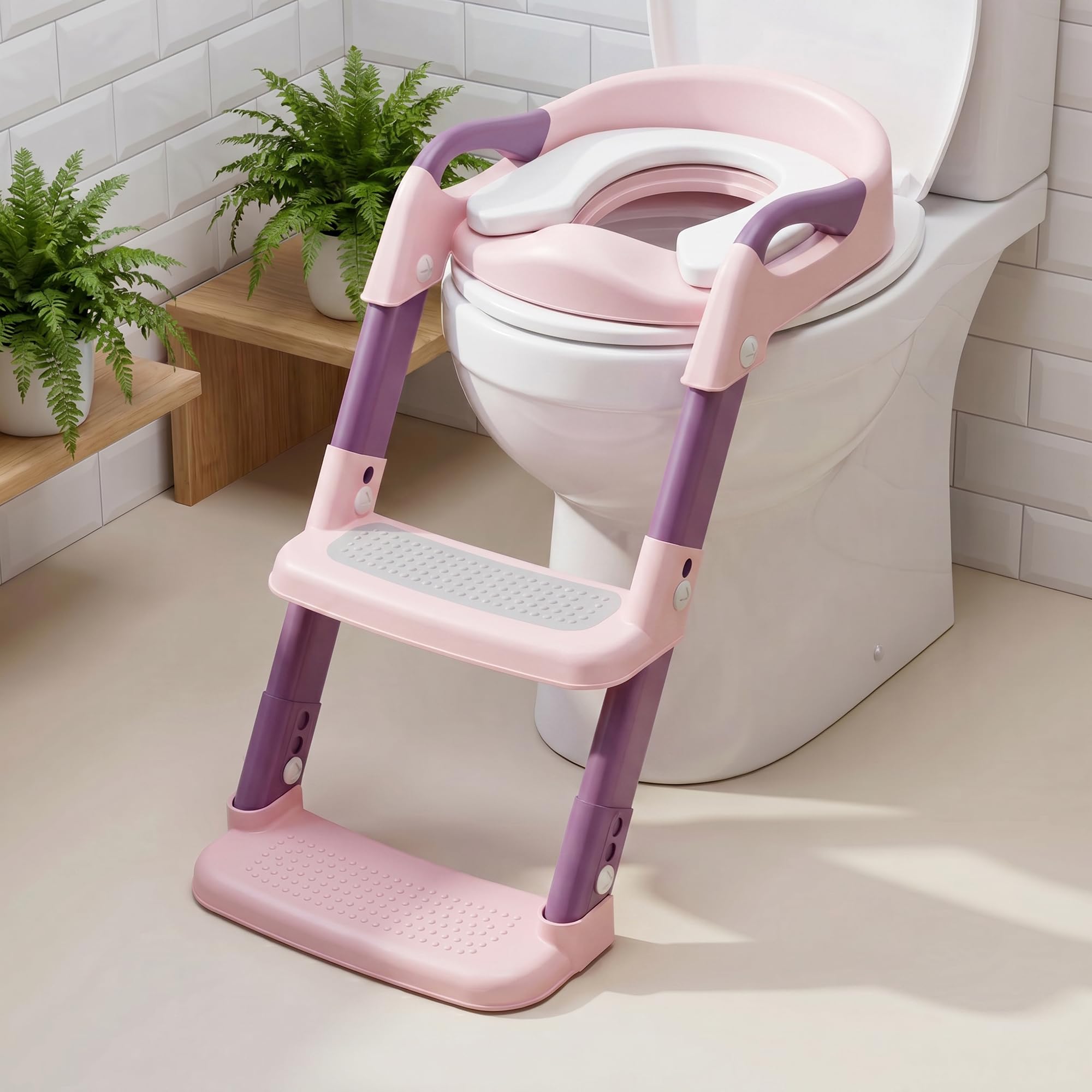 Potty Training Seat,Adjustable Toddler Toilet Seat with Soft Cushion Design,Handle,Foldable Portable Kids Potty Ladder Non Slip,Space Efficient,Easy Assembly,Adjustable Height(Pink)