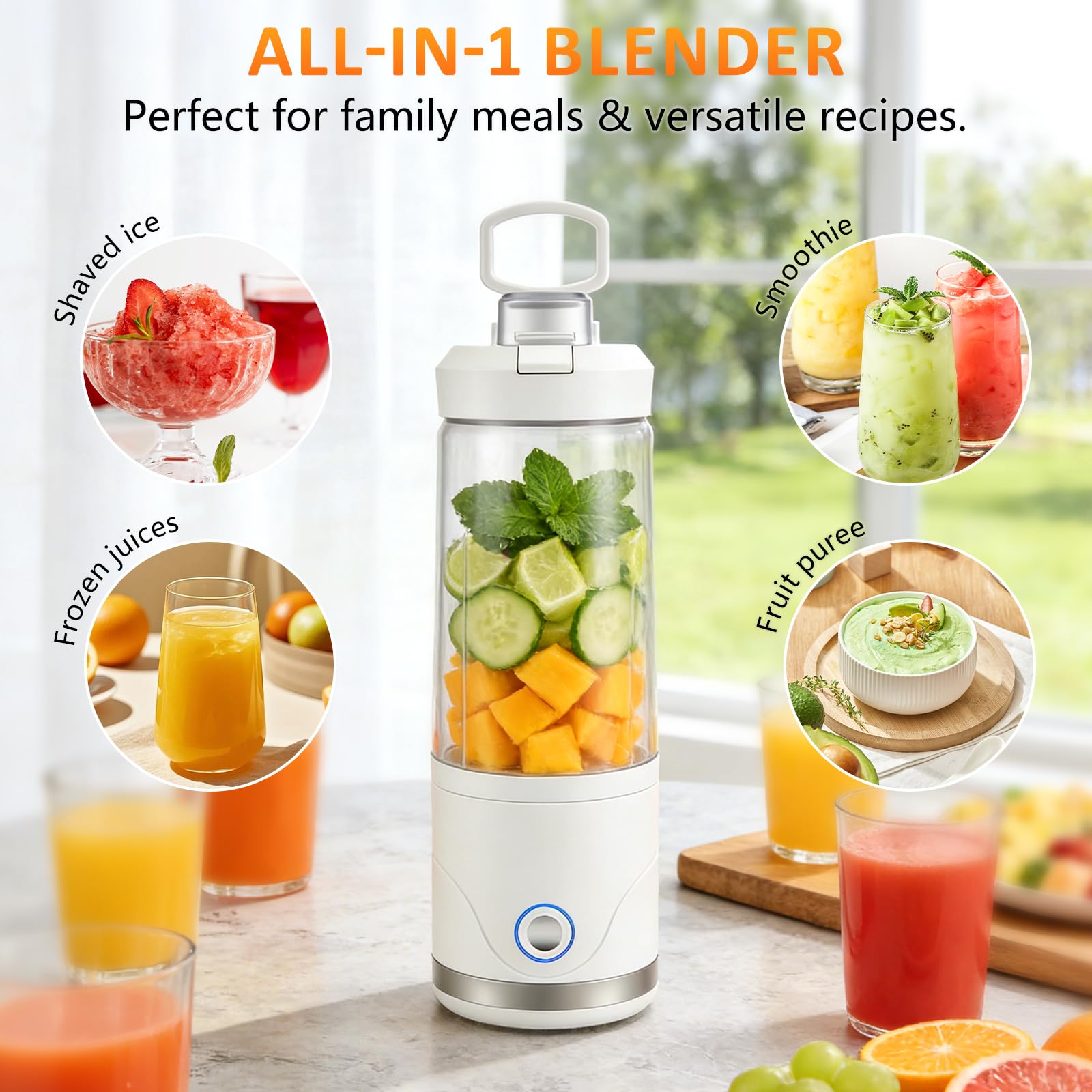 Frullatore portatile e smoothie maker to go, 650 ml, batteria da 4000 mAh, ricaricabile con USB-C, trita ghiaccio e frutta in 20 secondi, contenitore in Tritan senza BPA, frullatore senza fili per